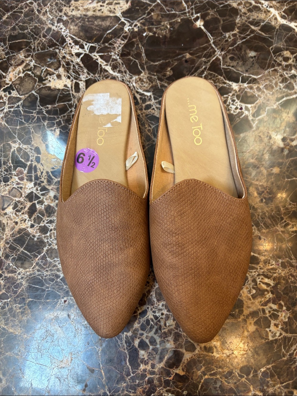 me too Tan Pointed Slip-On Mules. Size 6.5
